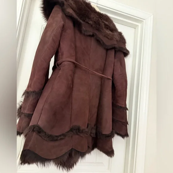 RARE Vintage Suede Shearling HEAVY COAT super warm made in USA Fit & Flare sz L - Picture 4 of 17
